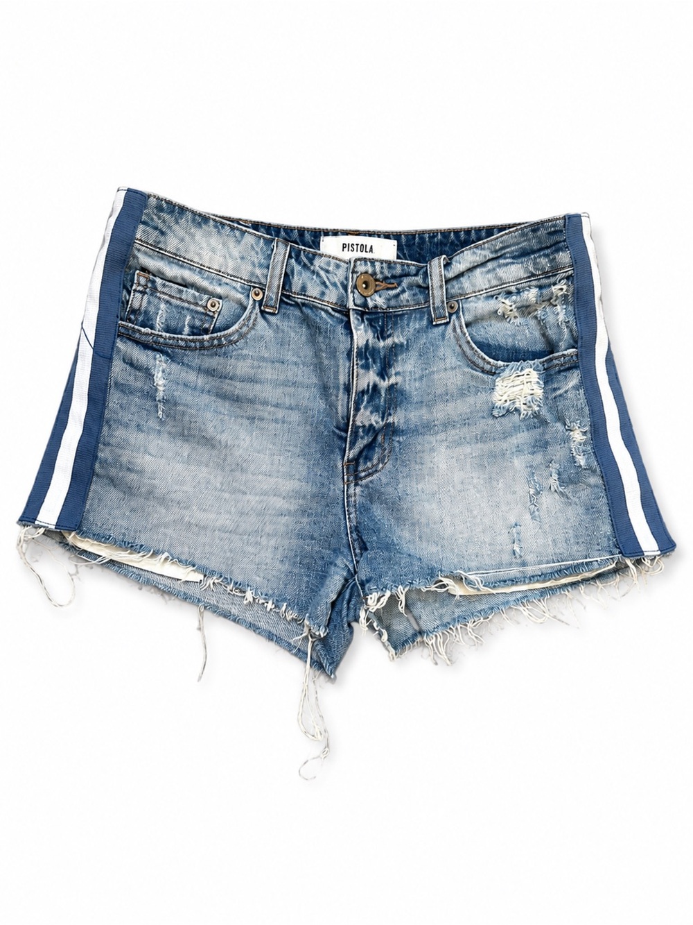 Pistola Winston High Rise Distressed Side Stripe Denim Shorts 26